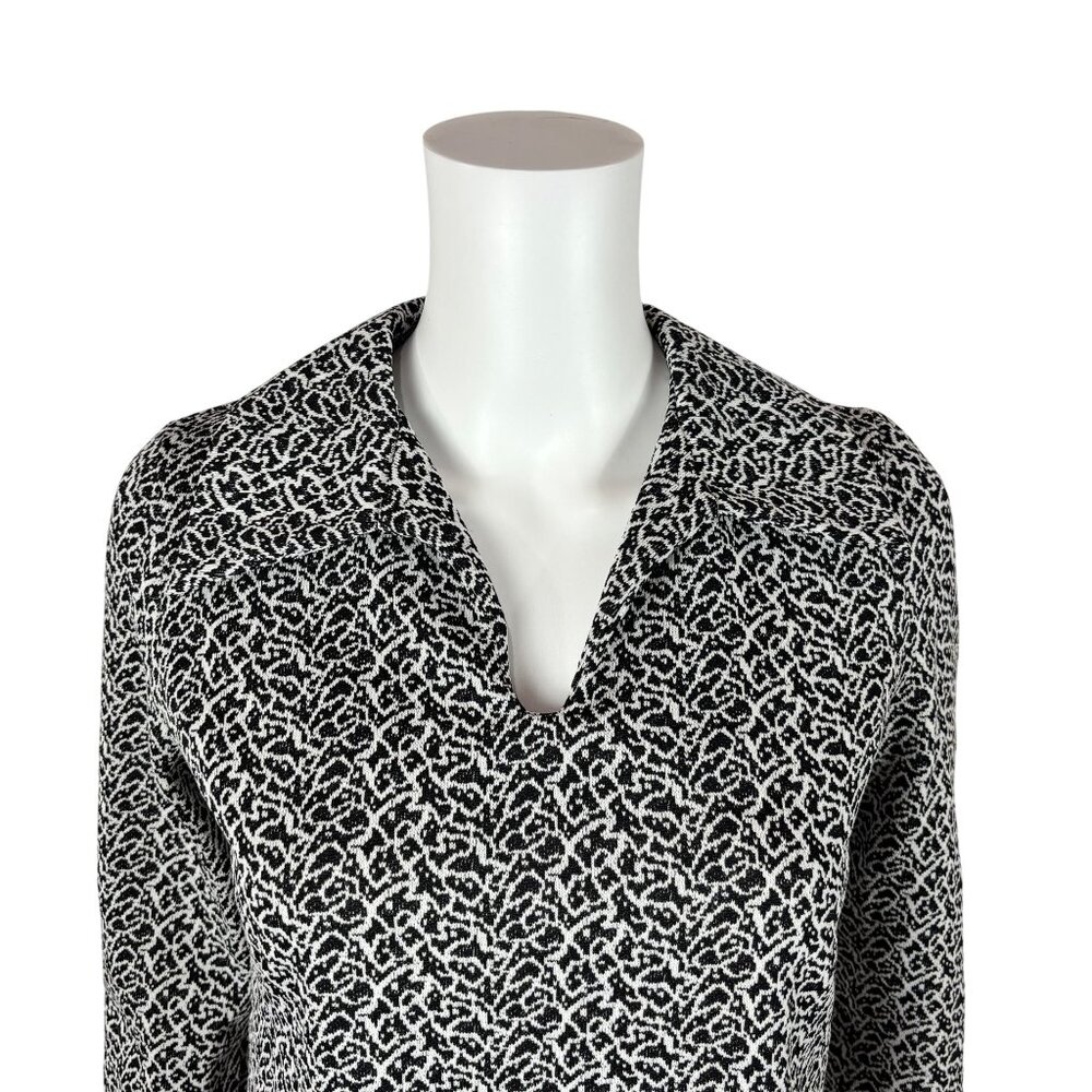 Vintage 70s Patterned Top Women's Small Black White Polyester Collared Shirt - Picture 3 of 10